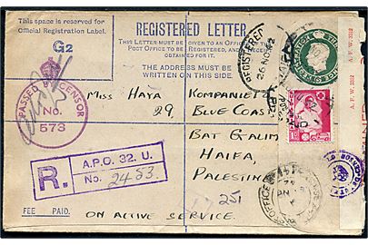 Britisk 3d George VI anbefalet helsagskuvert opfrankeret med sydafrika 1d udg. annulleret med egyptisk feltpoststempel d. 20.11.1942 via britiske feltpostkontorer Base Army Post Office 4 og Field Post Office 550 til Haifa, Palestina. Rødlig unit censor no. 573 og rammestempel: R. A.P.O 32 U.. Åbnet af Base censor med fortrykt banderole.