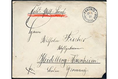 Ufrankeret feltpostbrev fra soldat i Feldbatteri stemplet Peking * Deutsche Post * d. 13.1.1901 til Heidelberg, Tyskland. Hj. skade og tape på bagsiden. 