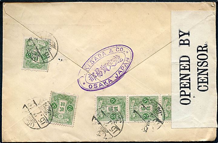 2 sn Tazawa (5) på bagsiden af brev fra Osaka d. 15.7.1918 til Arendal, Norge. Åbnet af britisk censur no. 4873.