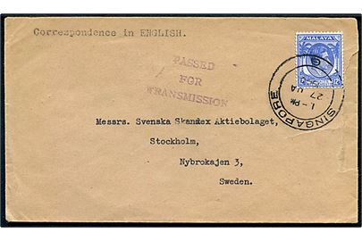 12 c. George VI på brev fra Singapore d. 27.1.1940 til Stockholm, Sverige. Censurstempel: Passed for Transmission. Rift i højre side.
