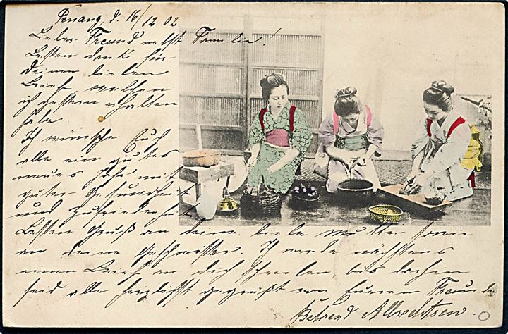 1 c. og 3 c. Edward VII på brevkort (Japanske kvinder) stemplet Penang d. 16.12.1902 til Sonderburg a/ Alsen, Tyskland. Ank.stemplet Sonderburg d. 7.1.1903.