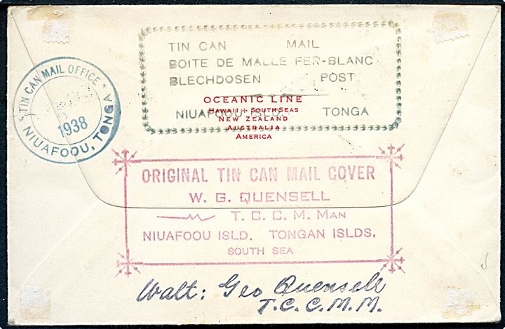 2½d på Tin Can Mail brev fra Niuafoou 1938 med diverse souvenir stempler til Bruxelles, Belgien.