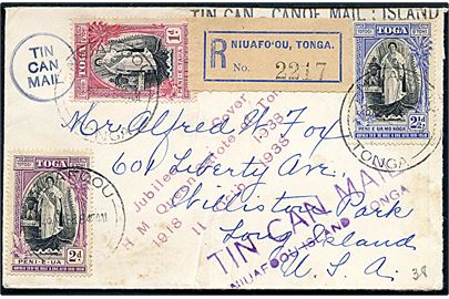 1d, 2d og 2½d På anbefalet Tin Can Mail brev fra Niuafo'ou Tonga d. 26.11.1938 til Long Island, USA. Diverse souvenir stempler.