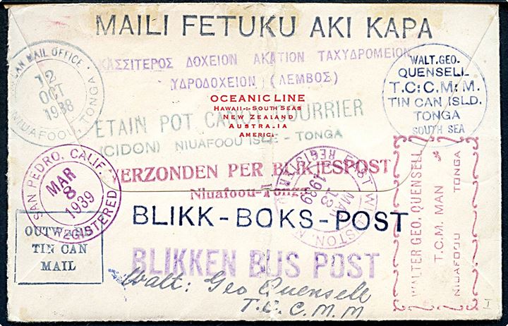 1d, 2d og 2½d På anbefalet Tin Can Mail brev fra Niuafo'ou Tonga d. 26.11.1938 til Long Island, USA. Diverse souvenir stempler.