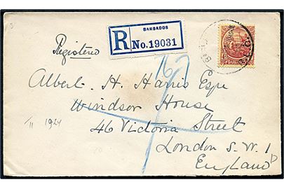 4d single på anbefalet brev fra Barbados d. 20.11.1924 til London, England.