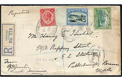 1d George V, ½d og 3d Landskab på anbefalet brev fra Kingston d. 5.9.1924 via New York til Pittsburgh, USA.
