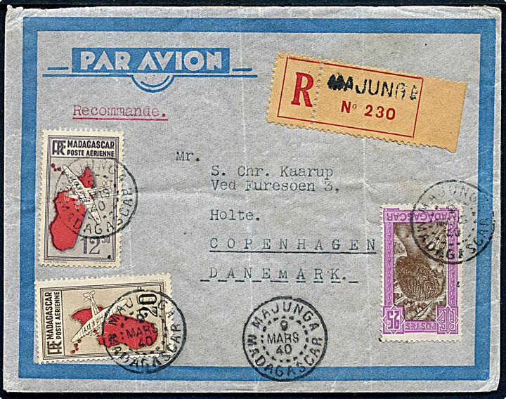 25 c. Indfødt, 12,50 fr. og 20 fr. Luftpost på anbefalet luftpostbrev fra Majunga d. 9.3.1940 via Tananarive til Holte, Danmark. Ank.stemplet i Holte d. 2.4.1940.