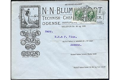 5 øre Fr. VIII i parstykke på illustreret firmakuvert fra N.N.Blumenstaadt i Odense d. 3.9.1908 til Assens.