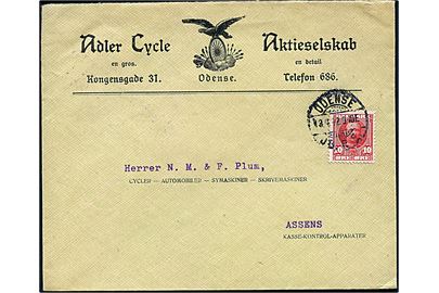 10 øre Fr. VIII på illustreret firmakuvert fra Adler Cycle Aktieselskab i Odense d. 13.4.1912 til Assens.