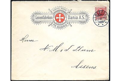 10 øre Fr. VIII på illustreret firmakuvert fra Cementfabriken Dania stemplet Hobro d. 21.7.1908 til Assens.