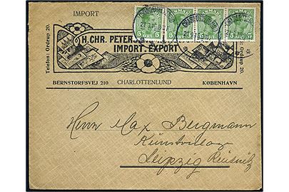 5 øre Chr. X (4) på illustreret firmakuvert fra H. Chr. Petersens Kunstforlag i Charlottenlund d. 21.9.1916 til Leipzig, Tyskland.