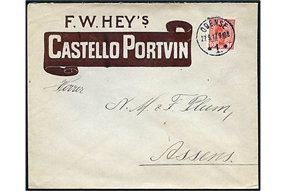 10 øre Chr. X på illustreret firmakuvert fra F. W. Hey's Castello Portvin i Odense d. 22.9.1917 til Assens.