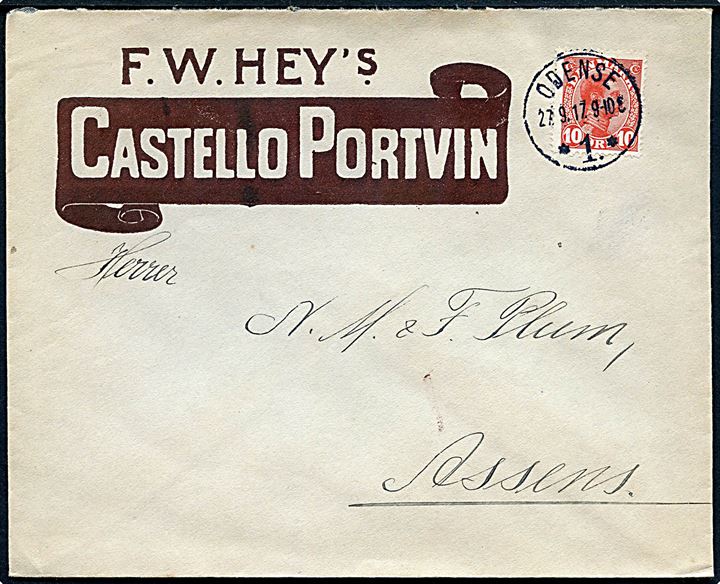 10 øre Chr. X på illustreret firmakuvert fra F. W. Hey's Castello Portvin i Odense d. 22.9.1917 til Assens.