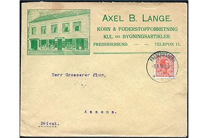 10 øre Chr. X på illustreret firmakuvert fra Axel B. Lange i Frederikssund d. 8.4.1916 til Assens.