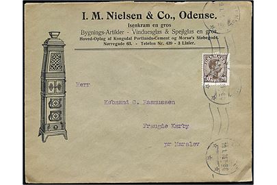 20 øre Chr. X på illustreret firmakuvert fra I. M. Nielsen & Co. i Odense d. 19.1.1926 til Fraugde Kærby pr. Marslev.