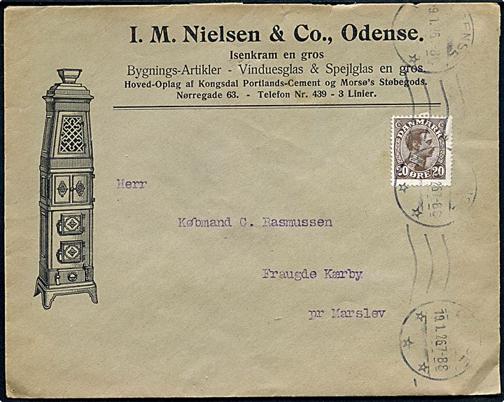 20 øre Chr. X på illustreret firmakuvert fra I. M. Nielsen & Co. i Odense d. 19.1.1926 til Fraugde Kærby pr. Marslev.