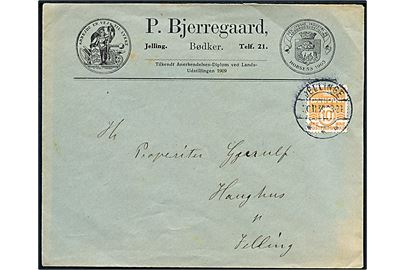 10 øre Bølgelinie på illustreret firmakuvert fra P. Bjerregaard sendt lokalt i Jellinge d. 30.11.1934.