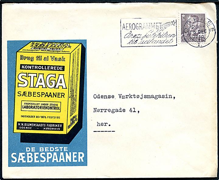 15 øre Fr. IX på illustreret firmakuvert fra N.N.Blumenstaadt Staga Sæbespaaner sendt lokalt i Oense d. 15.12.1950.