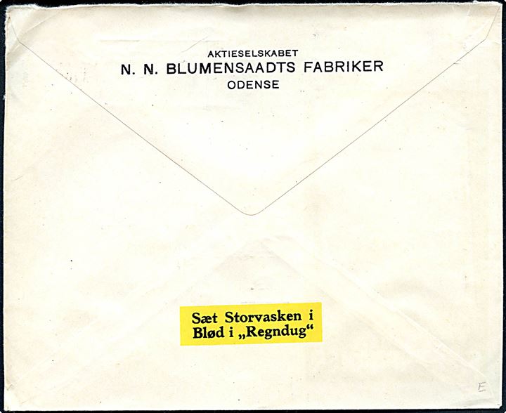 15 øre Fr. IX på illustreret firmakuvert fra N.N.Blumenstaadt Staga Sæbespaaner sendt lokalt i Oense d. 15.12.1950.