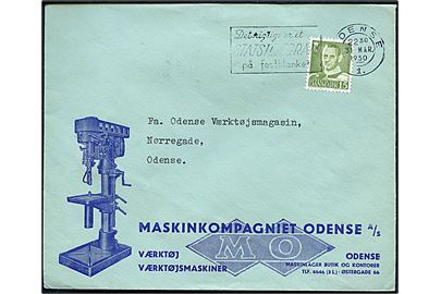 15 øre Fr. IX på illustreret firmakuvert fra Maskinkompagniet Odense A/S sendt lokalt i Odense d. 31.3.1950.
