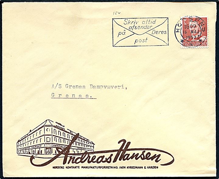 30 øre Fr. IX på illustreret firmakuvert Andreas Hansen i Horsens d. 16.5.1953 til Grenaa.