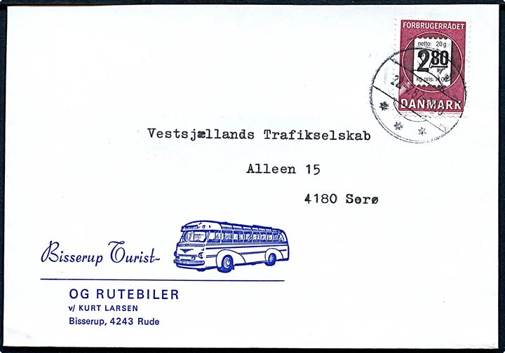 2,80 kr. Forbrugerrådet på illustreret firmakuvert fra Bisserup Turist- og Rutebiler i Rude stemplet Sorø d. 22.7.1987 til Sorø.