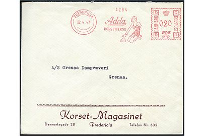 20 øre firmafranko Adda Korsetterne på firmakuvert fra Korset-Magasinet i Fredericia d. 22.4.1947 til Grenaa.