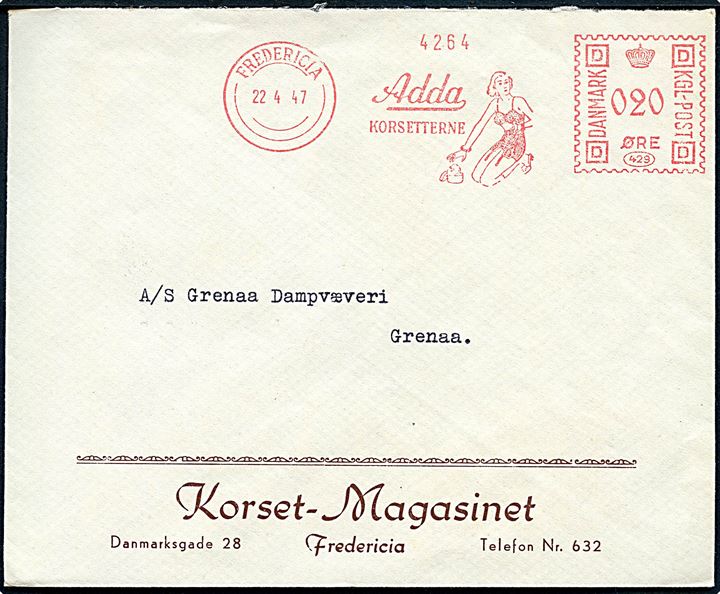 20 øre firmafranko Adda Korsetterne på firmakuvert fra Korset-Magasinet i Fredericia d. 22.4.1947 til Grenaa.