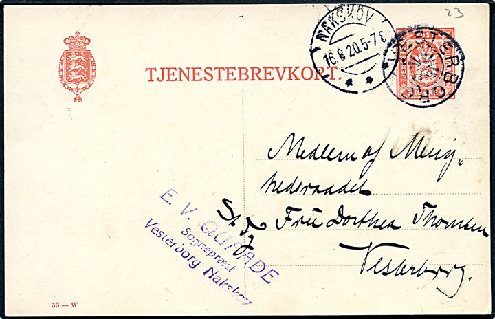 10 øre helsags Tjenestebrevkort (fabr. 53-W) annulleret med stjernestempel VESTERBORG og sidestemplet Nakskov d. 16.8.1920 til Vesterborg.