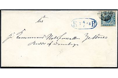 2 sk. 1855 udg. på fodpostbrev i København annulleret med nr.stempel 1 og sidestemplet F:P: d. 6.7.1865 til Kammerraad Slotsforvalter Zeltner, Ridder af Dannebrog.