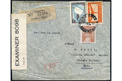 1,35 P. blandingsfrankeret anbefalet luftpostbrev påskrevet Written in Czech fra Buenos Aires d. 17.6.1942 til Havana, Cuba. Åbnet af britisk censur på Trinidad PC90/8098 I.E..