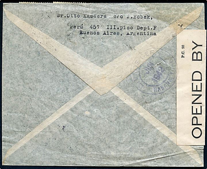 1,35 P. blandingsfrankeret anbefalet luftpostbrev påskrevet Written in Czech fra Buenos Aires d. 17.6.1942 til Havana, Cuba. Åbnet af britisk censur på Trinidad PC90/8098 I.E..