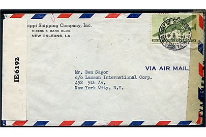 Amerikansk 8 cents Transport på luftpostbrev fra Missippi Shipping Company annulleret G.P.O. Port of Spain Trinidad d. 13.9.1944 til New York, USA. Åbnet af britisk censur på Trinidad PC90/ IE/6192 og amerikansk censur i Miami no. 30089.