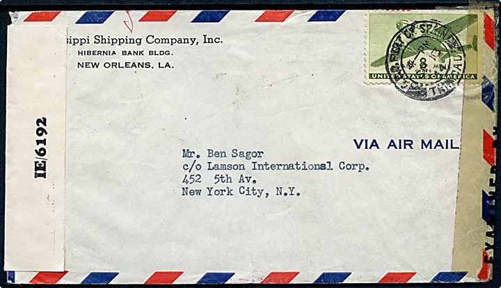 Amerikansk 8 cents Transport på luftpostbrev fra Missippi Shipping Company annulleret G.P.O. Port of Spain Trinidad d. 13.9.1944 til New York, USA. Åbnet af britisk censur på Trinidad PC90/ IE/6192 og amerikansk censur i Miami no. 30089.