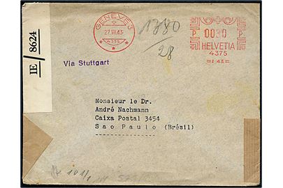 30 c. frankostempel på brev fra Geneve d. 27.8.1943 til Sao Paulo, Brasilien. Violet liniestempel via Stuttgart. Åbnet af tysk censur i Paris x og britisk censur på Trinidad PC90/ IE / 8624.