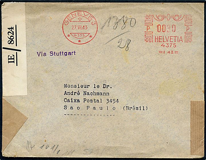 30 c. frankostempel på brev fra Geneve d. 27.8.1943 til Sao Paulo, Brasilien. Violet liniestempel via Stuttgart. Åbnet af tysk censur i Paris x og britisk censur på Trinidad PC90/ IE / 8624.