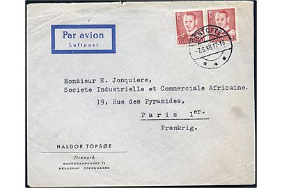 20 øre Fr. IX i parstykke på luftpostbrev fra Gentofte d. 7.6.1948 til Paris, Frankrig. Fra Haldor Topsøe.