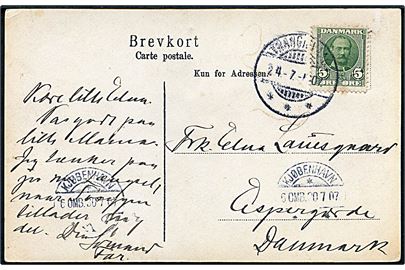 5 øre Fr. VIII på brevkort (Fotokort af ruin) annulleret med brotyoe Ig Trangisvaag d. 24.7.1907 via Kjøbenhavn til Espergærde.