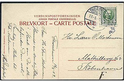 5 øre Fr. VIII på brevkort (Risen og Kællingen) annulleret med brotype Ig Thorshavn d. 18.5.1909 til Kjøbenhavn.