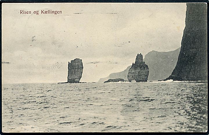 5 øre Fr. VIII på brevkort (Risen og Kællingen) annulleret med brotype Ig Thorshavn d. 18.5.1909 til Kjøbenhavn.