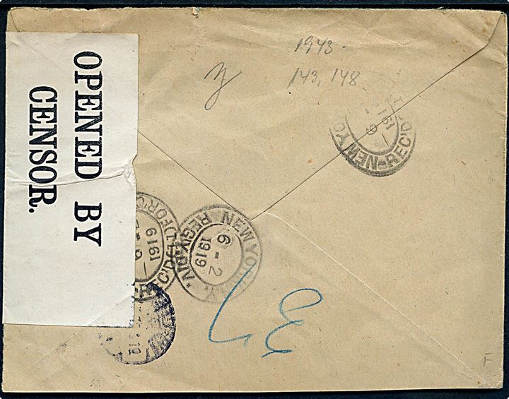 2 c. og 20 c. på anbefalet brev fra Lima annulleret med svagt stempel i 1919 via New York d. 6.2.1919 til Kjøbenhavn, Danmark. Åbnet af britisk censur no. 4385.
