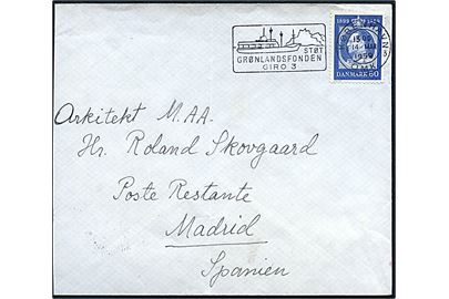 60 øre Fr. IX 60 år på brev annulleret med TMS Støt Grønlandsfonden Giro 3/København OMK 3 d. 14.3.1959 til poste restante i Madrid, Spanien. Afkortet i venstre side.