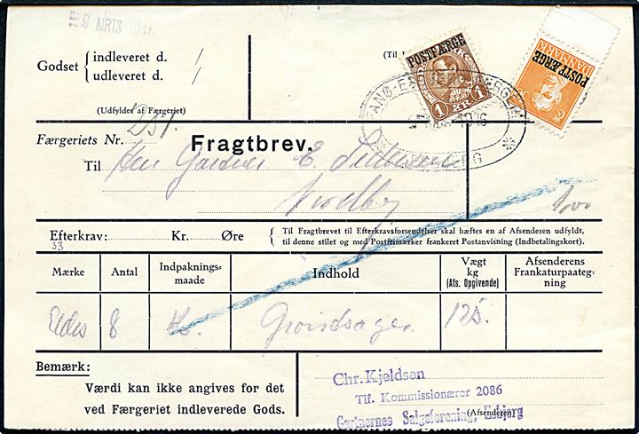 30 øre og 1 kr. Chr. X Postfærgemærker på fragtbrev for gods fra Esbjerg d. 2.3.1946 til Nordby, Fanø.