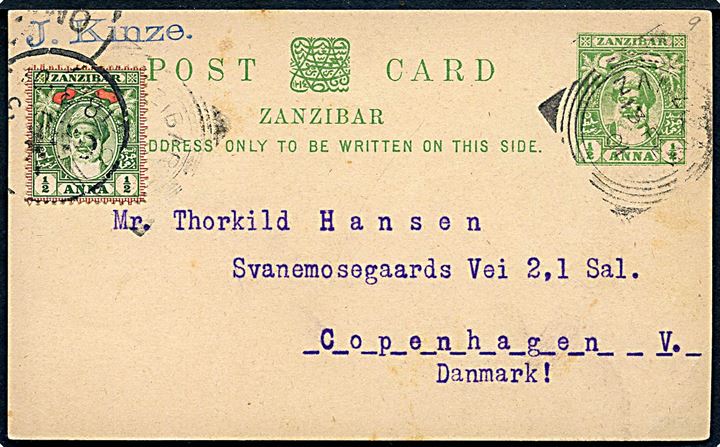 ½ anna helsagsbrevkort opfrankeret med ½ anna stemplet Zanzibar d. 17.2.1901 til København, Danmark. Uden meddelelse på bagsiden.