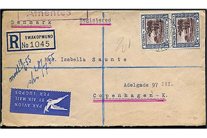 1 sh. i 2-sproget parstykke på anbefalet luftpostbrev fra Swakopmund d. 10.6.1955 til København, Danmark.