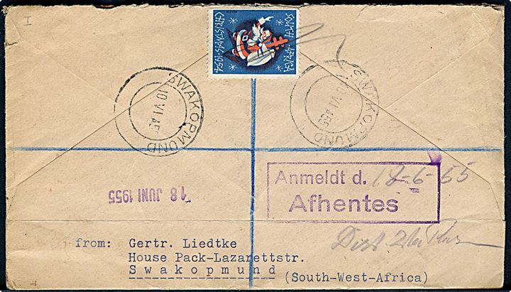 1 sh. i 2-sproget parstykke på anbefalet luftpostbrev fra Swakopmund d. 10.6.1955 til København, Danmark.