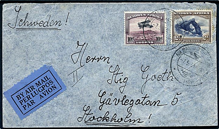2d Landskab og 10d Luftpost på luftpostbrev fra Windhuk d. 7.5.1934 til Stockholm, Sverige.