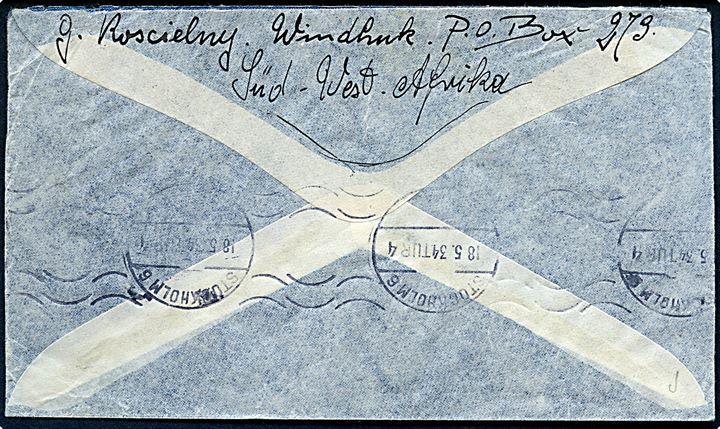 2d Landskab og 10d Luftpost på luftpostbrev fra Windhuk d. 7.5.1934 til Stockholm, Sverige.