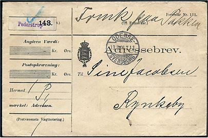 Ufrankeret adressebrev for pakke påskrevet Frmk paa Pakken med blanko-pakke reg.-nr. stemplet Pederstrup og sidestemplet bureau Odense - Svendborg T.13 d. 13.3.1906 via Kjerteminde til Rynkeby.