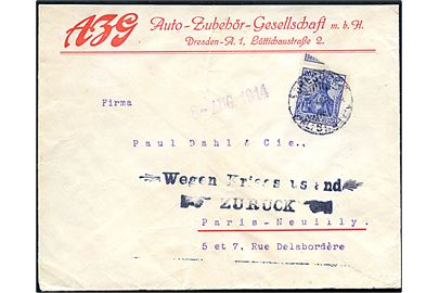 20 pfg. Germania på brev fra Dresden d. 31.7.1914 til Paris, Frankrig. Returneret med stempel: Wegen Kriegssustand Zurück og datostempel d. 8.8.1914. Fold.